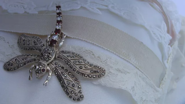 Grande Broche Argent Silver Garnet Dragonfly Brooch Pin Made With Marcassites