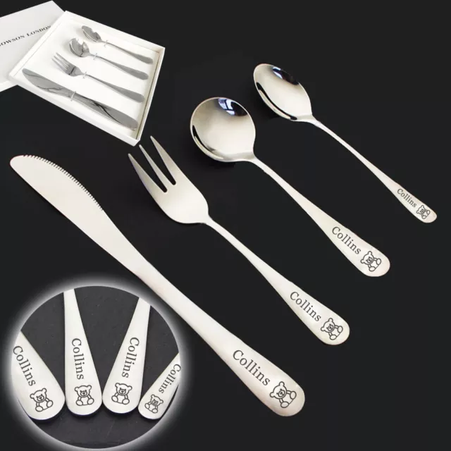 Personalised 4pcs Kids Cutlery Set Stainless Steel for Birthday Christening Gift