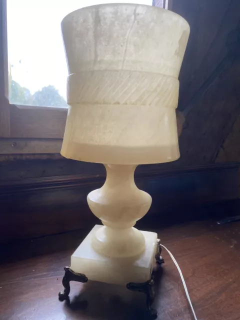 Mid Century French Solid Carved Alabaster Table Lamp On Solid Brass Feet
