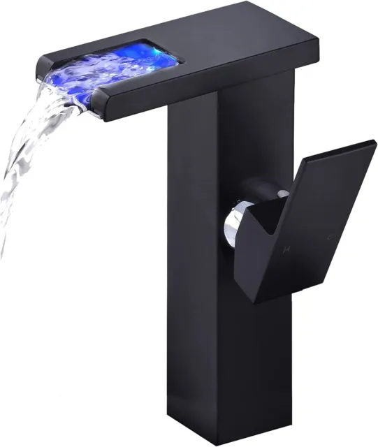 LED Bathroom Facuet Waterfall Spout Matte Black Tall Bathroom Vessel Sink Faucet