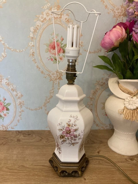 Vintage White & Floral Porcelain Table Lamp Base On Oriental Style Resin Stand