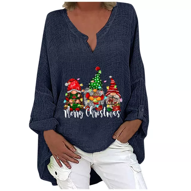 Ladies Casual Loose Christmas Print V-Neck Cotton Linen Long Sleeves Top 3