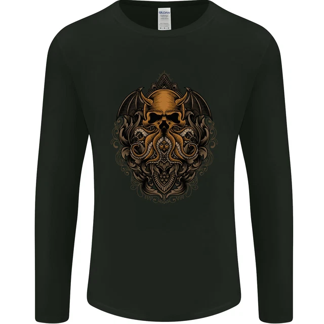 T-shirt a maniche lunghe Cthulhu Octopus Kraken Devil Skull Demon da uomo