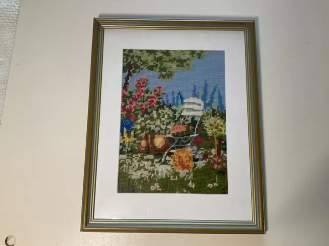 Framed Completed Tapestry Country Garden scene 8" x 11" + frame