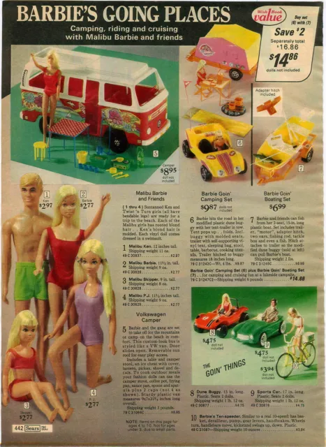 1976 ADVERT 5 PG Barbie Doll Malibu Camping Gold Metal PJ Ken Dusty Health Cente