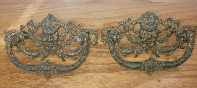 2 Antique Cast Brass Drawer Pulls Gargoyle Devil 4 3/8" Ornate