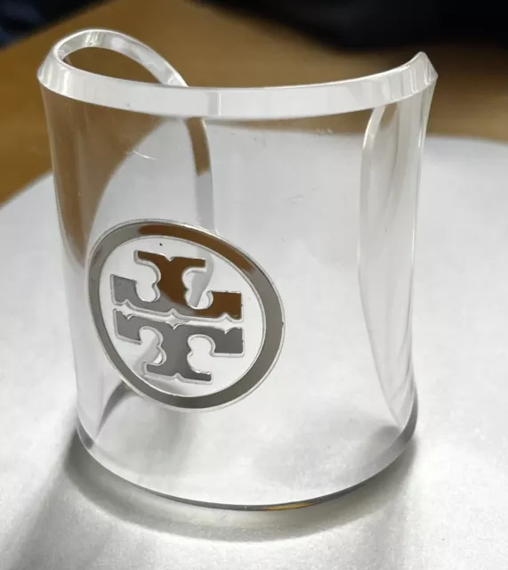 Amazing Tory Burch Logo Cuff Bracelet Acrylic Lucite Resin *Clear * Silver Logo