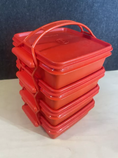 Tupperware Vintage Lunch Box Keeper Set Of 4 (1362) Red Sandwich Handle Tiffin