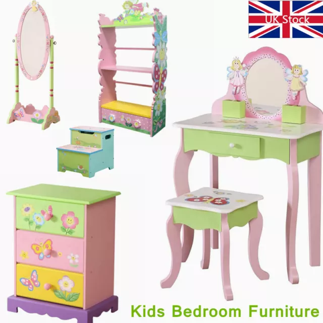 Vanity Table with Stool and Mirror Kids Wooden Chest of Drawer Bedroom Furniture