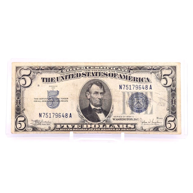 1934C $5 Five Dollar US Silver Certificate VINTAGE BLUE SEAL F1653 Julian Snyder