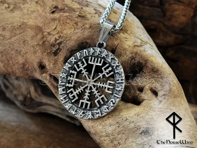 WIKINGER KOMPASS Anhänger, Vegvisir Runen Halskette Wegweiser Amulett, Edelstahl 3