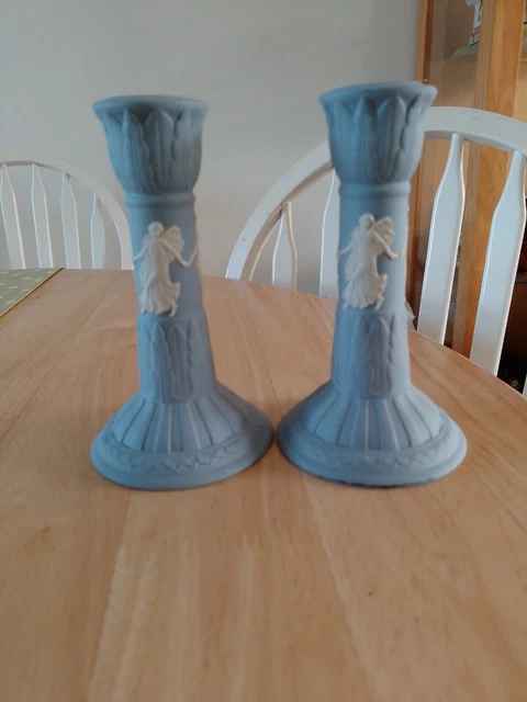 wedgwood jasper ware White On Pale 2  Candle Sticks 16 Cm or 6 1/4 inches tall.