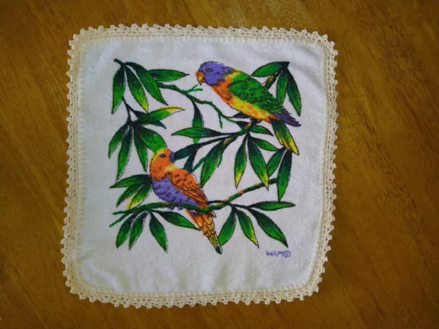 Vintage hand crocheted edge Terry Face washer/Wash cloth Lorikeets Free postage