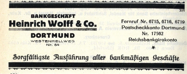 Heinrich Wolff & Co. Dortmund BANKGESCHÄFT Historische Reklame 1925