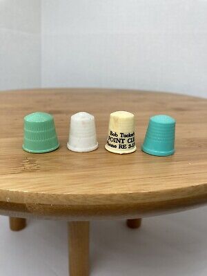 Lot of 4 Vintage Plastic Thimbles Advertising Jadeite Mint Green White Sewing