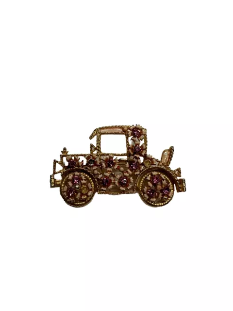 Vintage Car Pin Brooch White Enamel Flowers Pastel Rhinestones