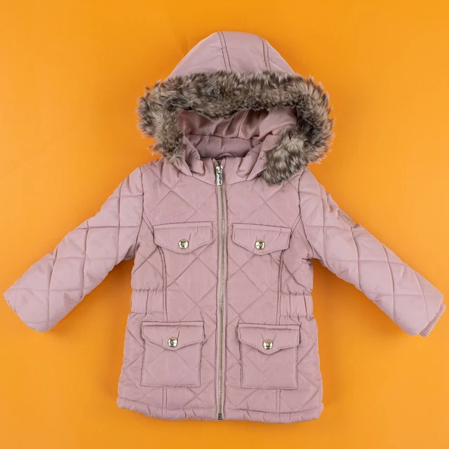 River Island Baby Girls Coat Jacket 18-24 Months Dusty Pink Cotton Fur Trim Hood
