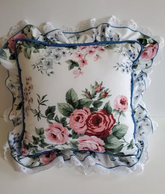 Vtg 80s 90s PINK BLUE ROSES FLORAL THROW PILLOW Waverly COTTAGE CHIC Lace