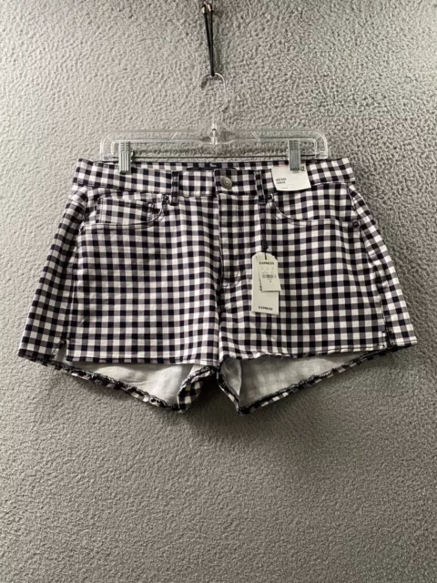 Express Shorts Womens 12 Purple Black Gingham Check High Rise Shortie Chino 32x3