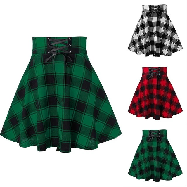 Tartan Femmes Plissé Mini Jupe Lacet Carreaux Tartan Taille Haute Jupes