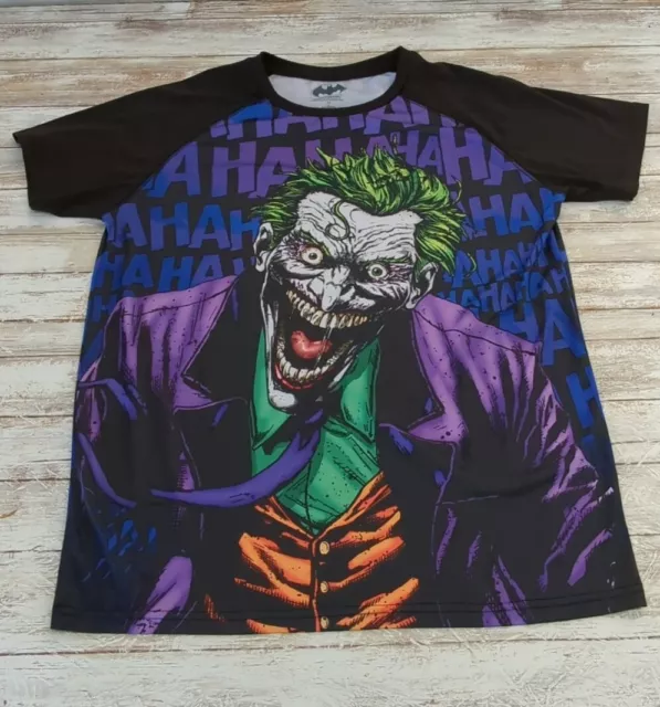 Batman Mens Shirt Large Black Purple Joker All over Print Short Sleeve Pullover