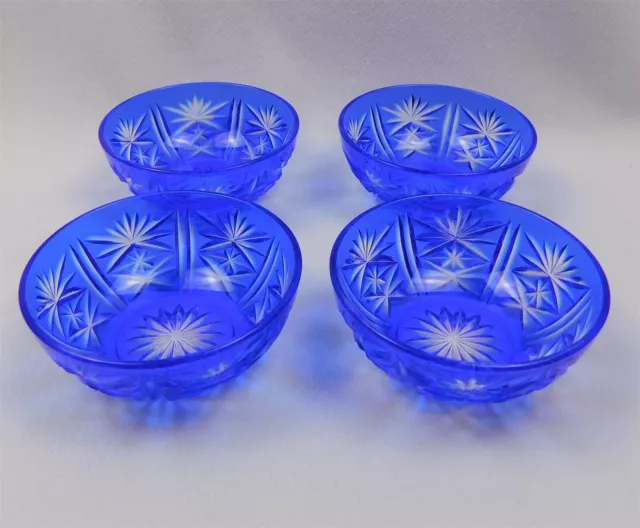 4 Vintage Cobalt Blue Cut to Clear Crystal Starburst Bohemian Czech Glass Bowls