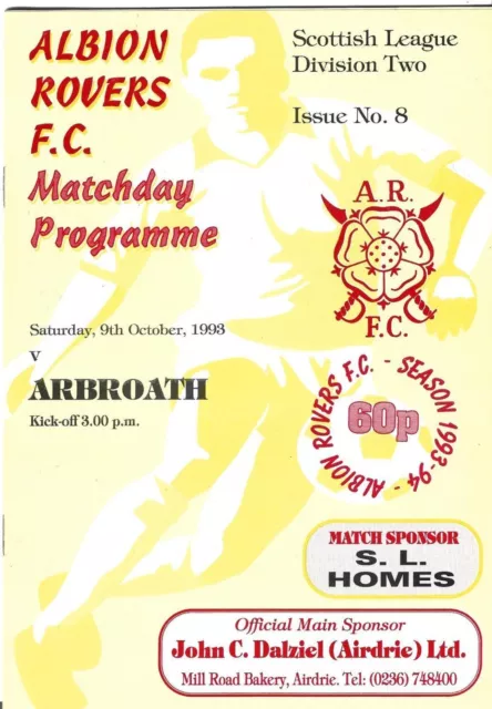 ALBION ROVERS V ARBROATH 9/10/1993 Scottish league PROGRAMME