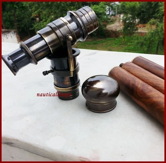 Télescope Décoratif En Laiton Antique Avec Boussole Et Cuir - 25 Cm De Haut - Décoration Nautique Rétro