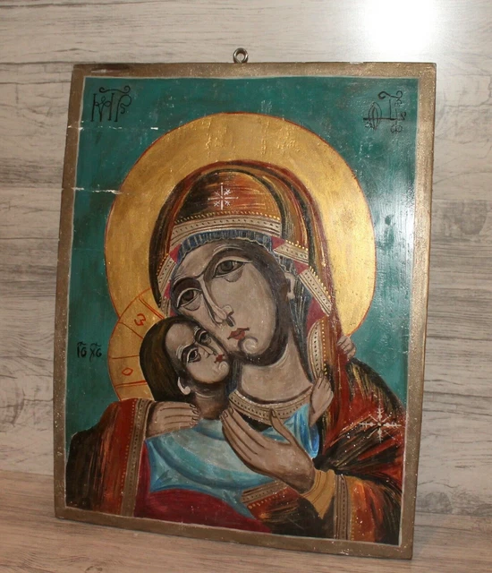Icône Byzantine De La Vierge à L'Enfant Peinte Sur Feuille D'or (Père Pefkis) - Bois, XXe Siècle - Occasion En Bon état