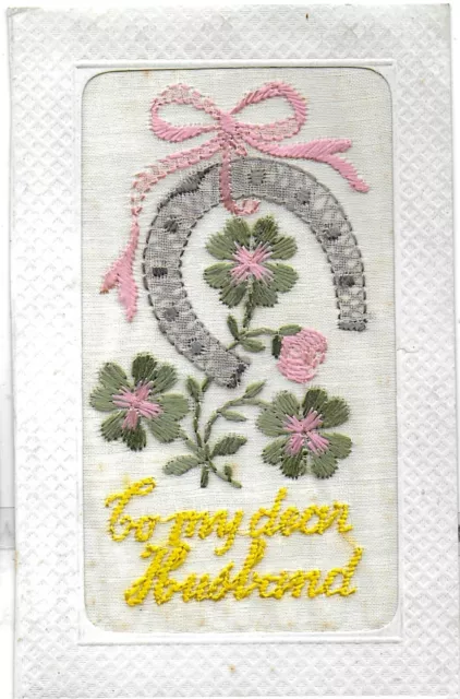 Vintage Wwi Embroidered Silk Postcard,Horseshoe"To My Dear Husband"Mountain Ash