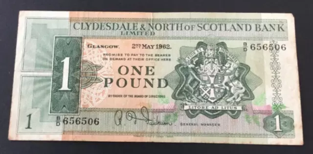 Banknote Of Scotland One Pound. Clydesdale Bank Dated 1962. Great Condition.