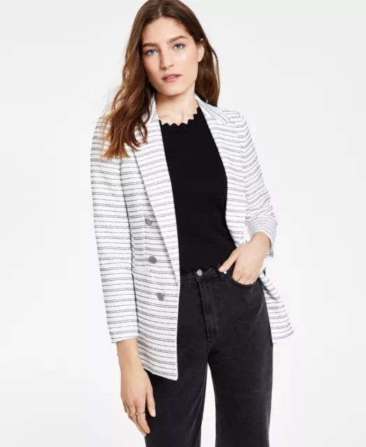 MSRP $129 Bar III Women Striped Boyfriend Blazer White Size XS