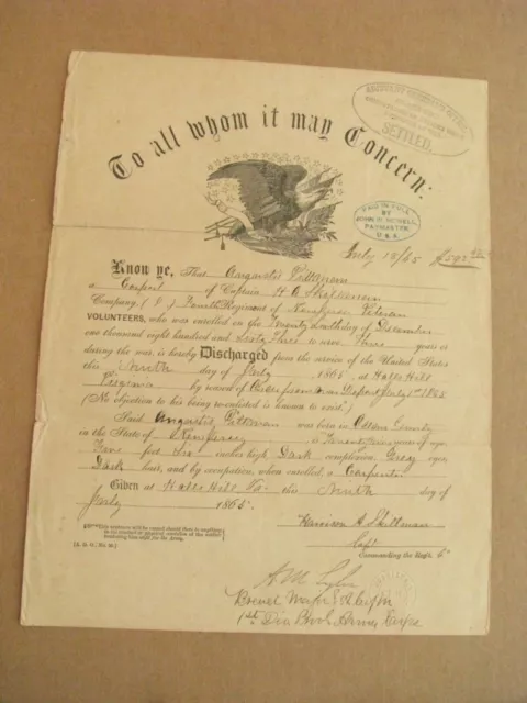 New Jersey Civil War Prisoner Of War Soldier Discharge Stamped
