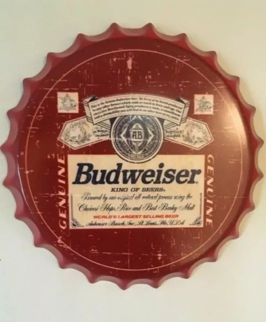 Budweiser Tin Beer Bottle Cap Sign Vintage Man Cave New Bar Office King Of Beers