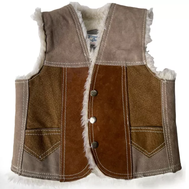 Genuine Leather Shearling Vest Unisex Kids Size 7 Brown Vintage 1970s White Fur