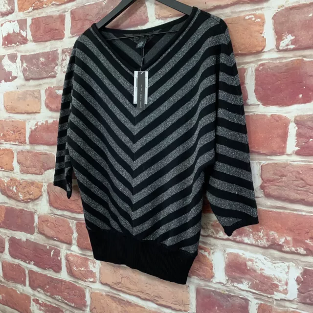 Joan Vass Sweater Womens Small Black Silver Metallic Striped Pullover 2