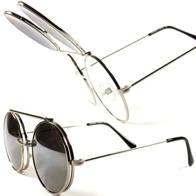 Classic Vintage Retro Mirrored Mens Womens Round Flip Up Django Sunglasses