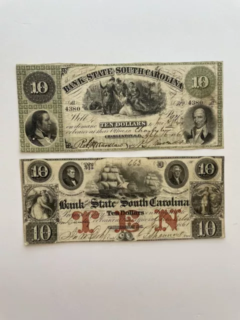 1861 Bank of the State of South Carolina $10  notes Lot Of 2