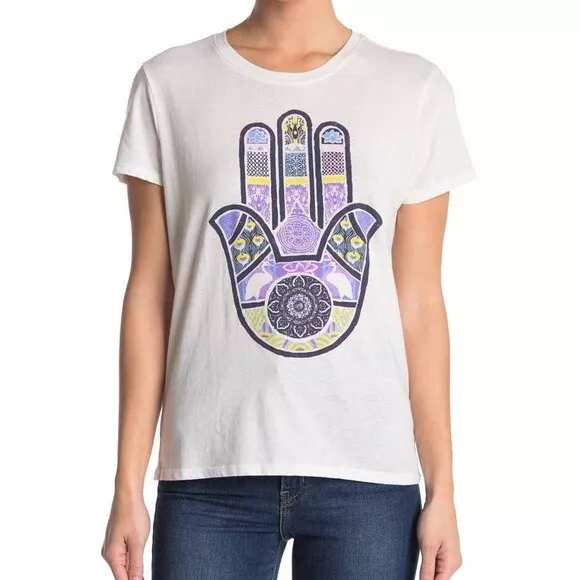 Lucky Brand Hamsa Hand Print Bohemian Short Sleeve T-Shirt Crew Neck Size Large