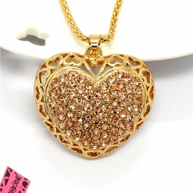 New Fashion Women Crystal Rhinestone Champagne Love Heart Sweater Necklace