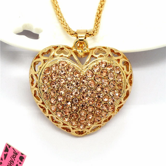 New Fashion Women Crystal Rhinestone Champagne Love Heart Sweater Necklace