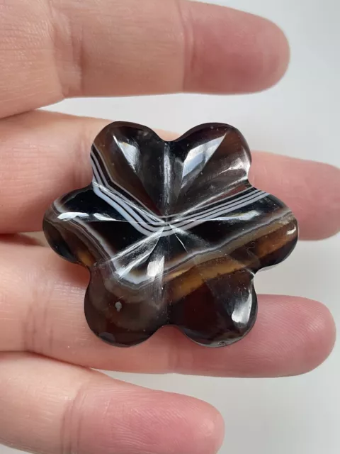 Antique Victorian Hand Carved Flower Star Scottish Banded Agate Brooch Pin 1.6"