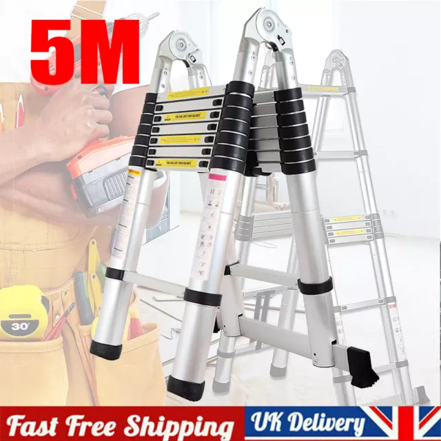 5M Multi Purpose Aluminum Telescopic Ladder Heavy Duty Folding Ladder A-Frame