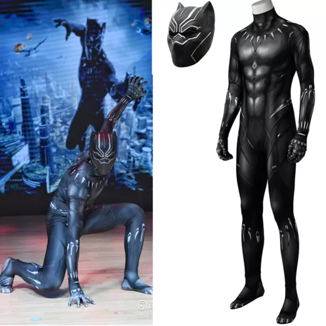 Black Panther Jumpsuit Superhero Cosplay Costume Halloween Bodysuit Mask Adult