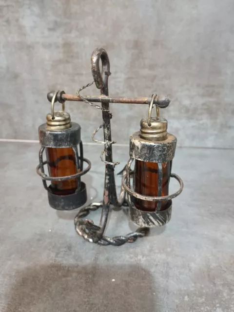 Vtg Nautical Hanging Amber Glass Lanterns Salt & Pepper Shakers On Anchor Stand