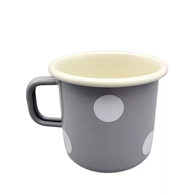 Emaille Tasse, Henkelbecher, Kaffeetasse, Outdoor Becher Tupfen Grau 8 cm