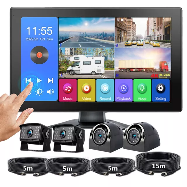 9'' Quad Split Touch Screen Monitor HD Rear Side View Backup Camera RV Truck Bus