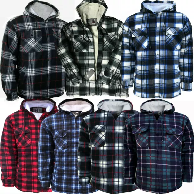 New Mens Padded Shirt Fur Fleece Lined Hoodie Work Lumberjack Sherpa M-2XL