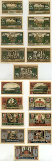 Neubrandenburg, 9 Scheine Notgeld 1921, Fass, Brot, Fisch, Schmied und mehr