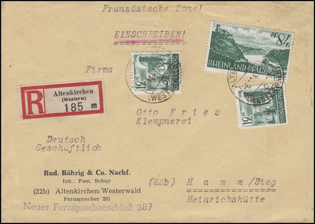 4+14 Rheinland-Pfalz 2x12 + 84 Pf R-Brief ALTENKIRCHEN 6.11.47 nach HAMM 7.11.47